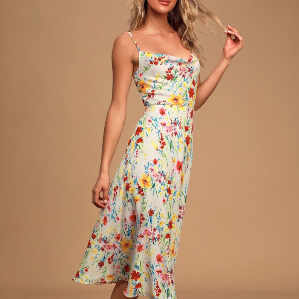 Lulus Size Medium Blooming Beauty White Floral Print Cowl Neck Midi Dress